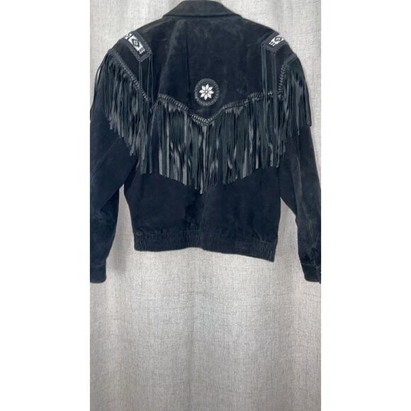 Vintage Round Up Black Suede Leather Fringe Jacket, Women's Size 46 - Western